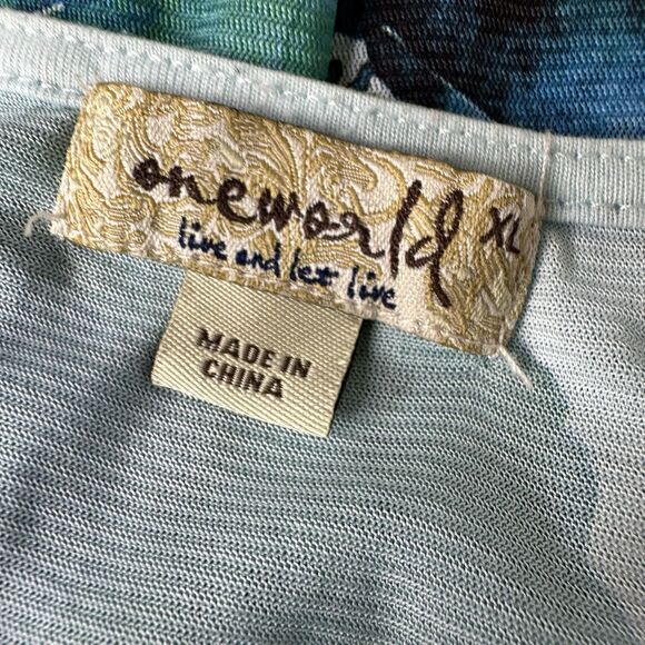 One World Floral Watercolor Top Sz XL Flutter Sleeve Shark Bite Lace Boho Fairy - Picture 5 of 11